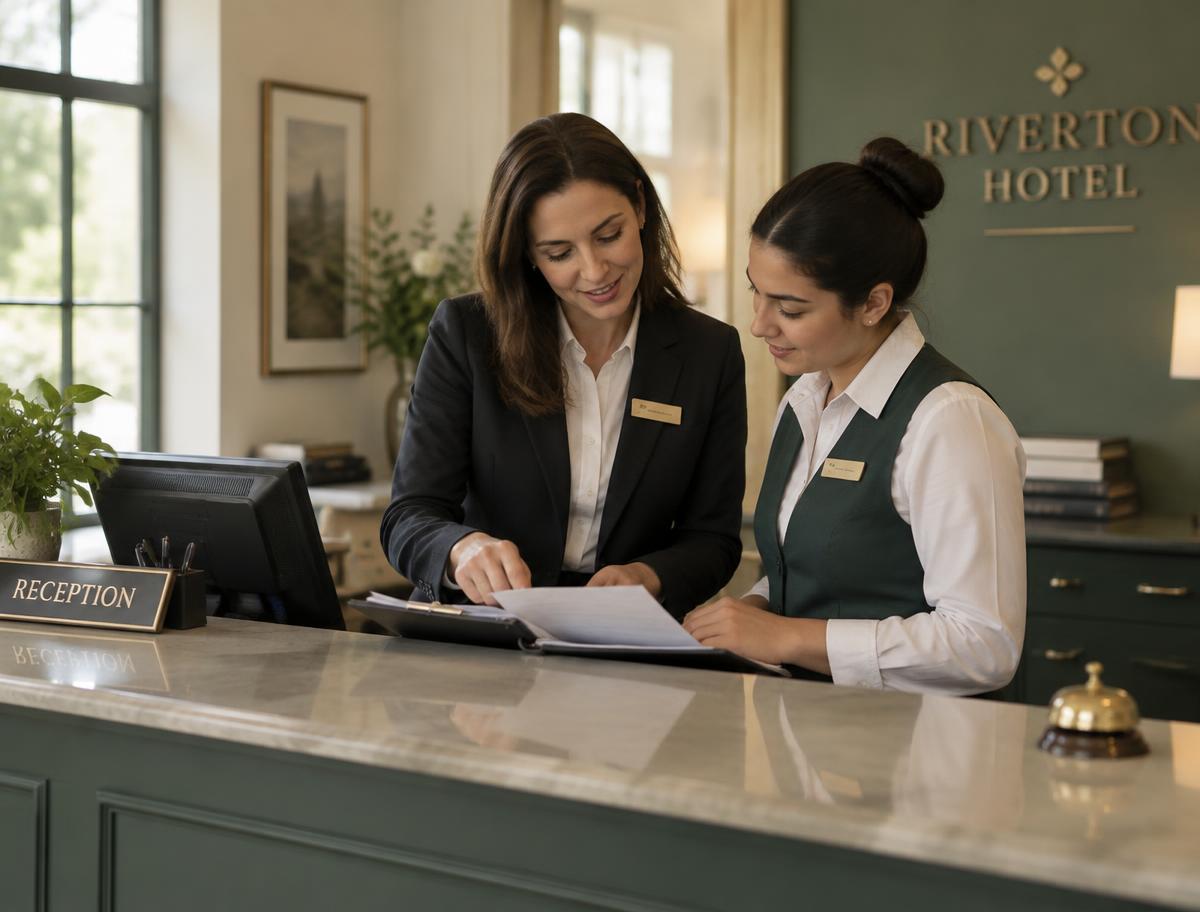 Hotel manager reviewing training paperwork with a new team member