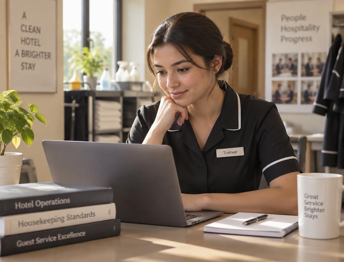 Hospitality trainee studying an online course