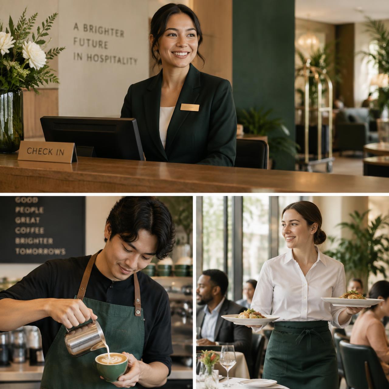 Hotel receptionist, barista and restaurant server at work